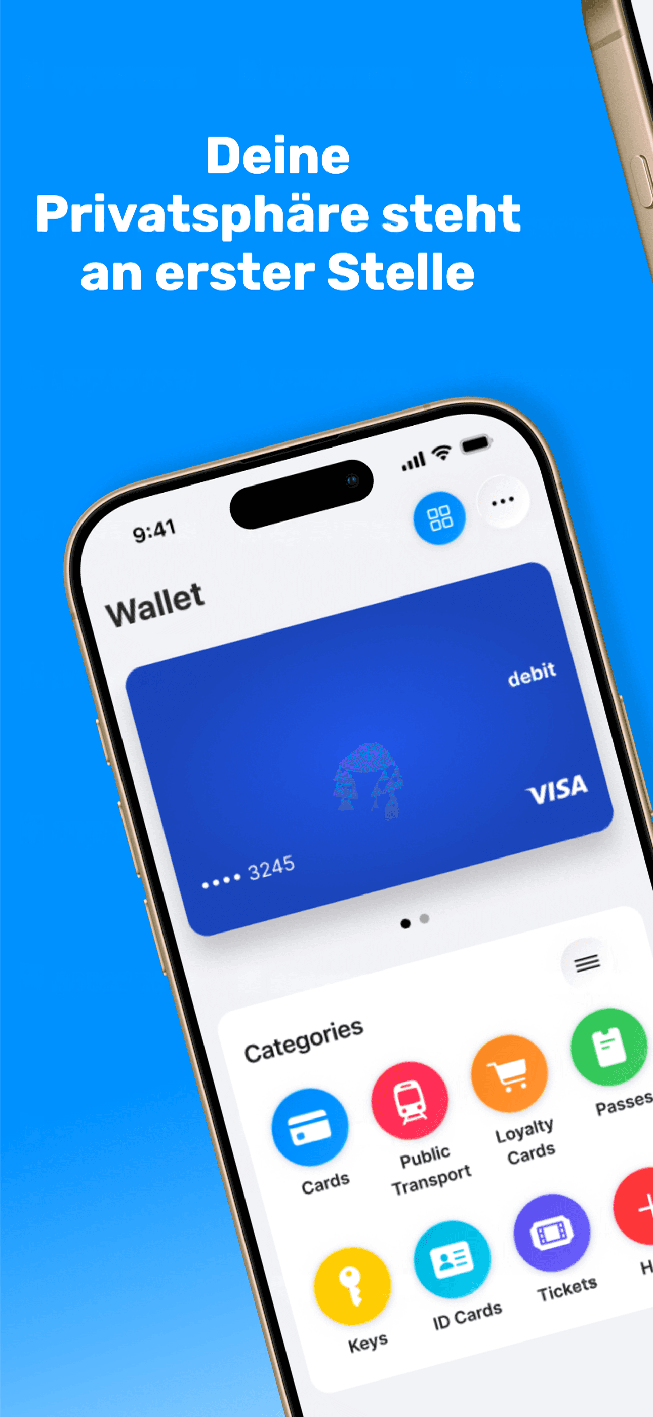 PayAustria Wallet-App Hauptansicht: Kreditkarte und Kategorien für weitere Karten, Text: Deine Privatsphäre steht an erster Stelle