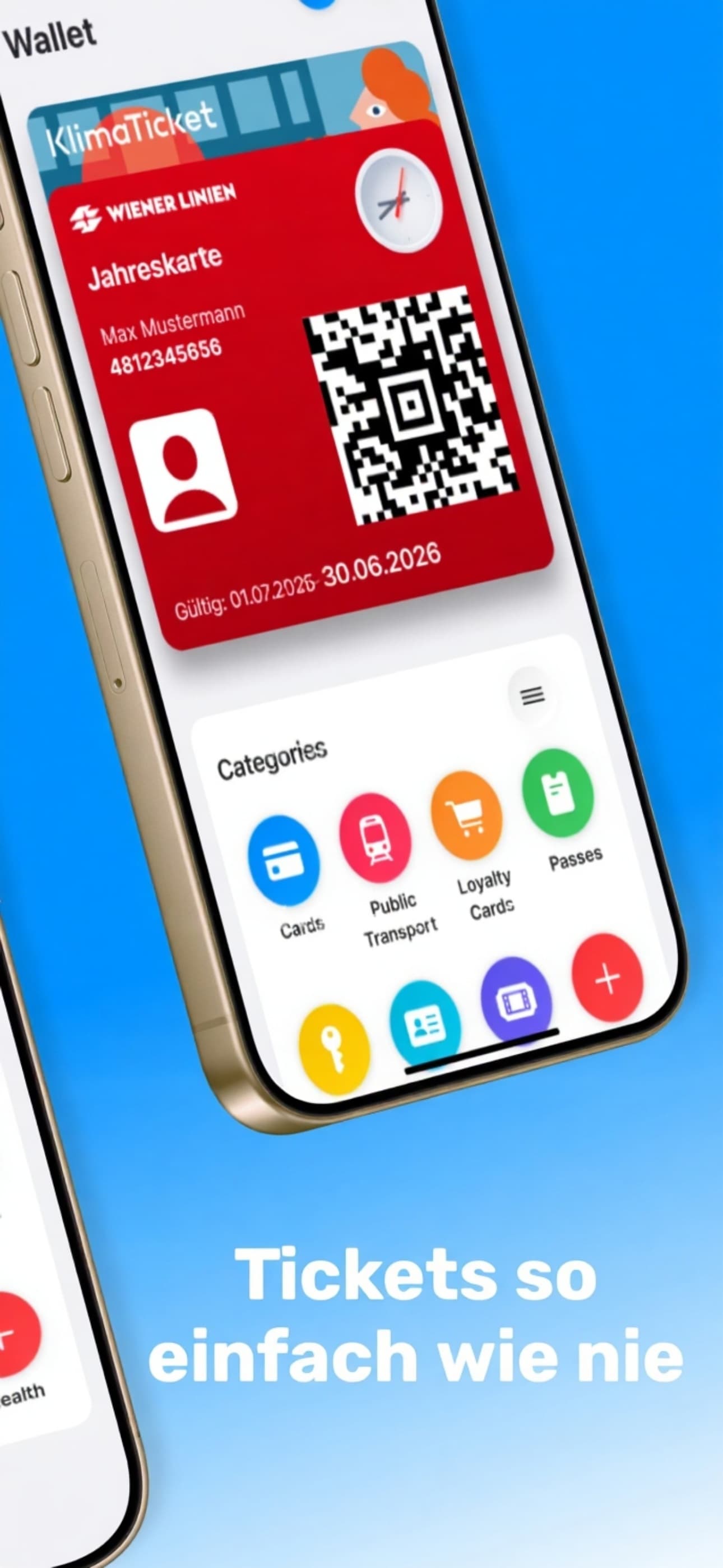 PayAustria Wallet-App zeigt zwei digitale Öffi-Tickets, Text: Tickets so einfach wie nie